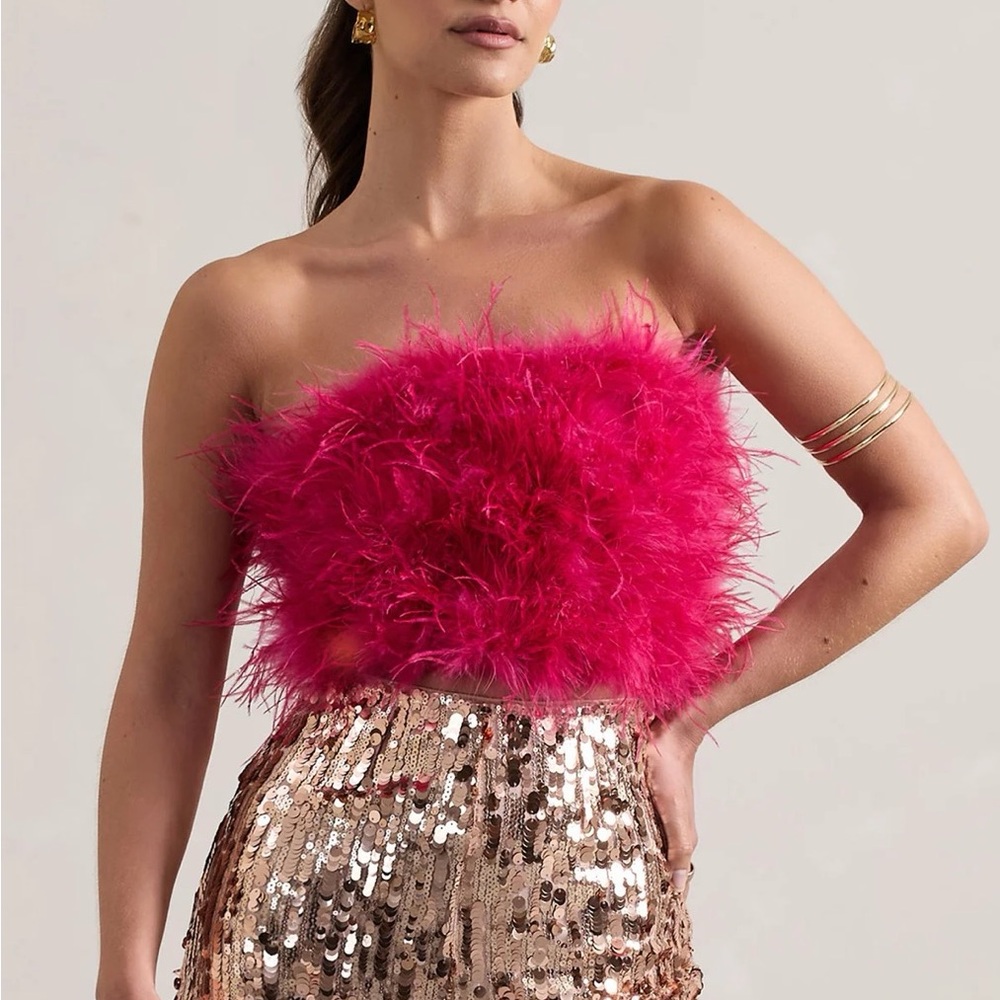 Pink Strapless Feather Crop Top